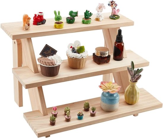 Drie-laags houten cupcake standaard, heldere display rek voor verkoop, poppenfiguren, snoep en sieraden tentoonstellingen