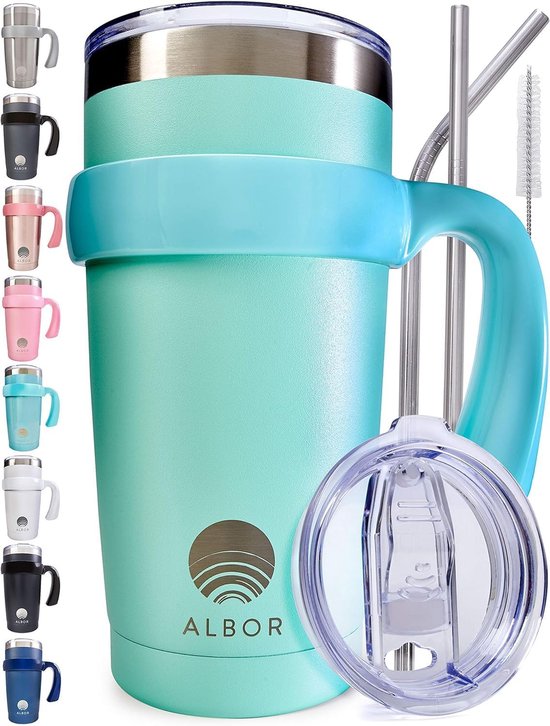 Drievoudig geïsoleerde thermische mok 600ml van roestvrij staal - drinkbeker met deksel en rietje - thermische mok met rietje - thermosbeker met handvat - koffiemok Seafoam van Simple Modern