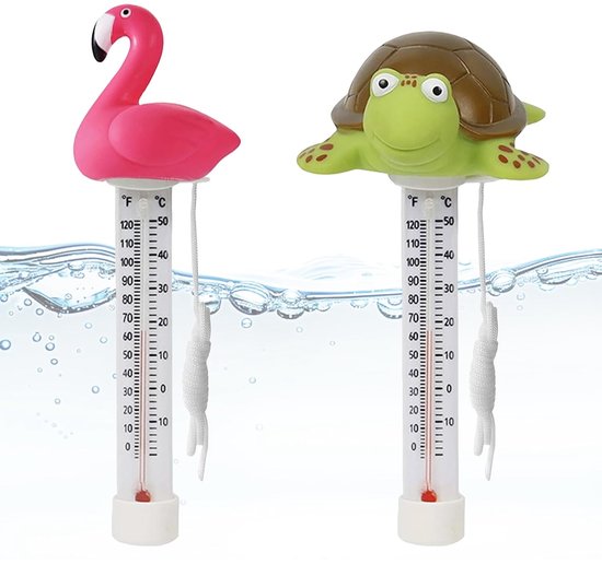 drijvende zwembadthermometer met touw, drijvende waterthermometer, voor binnen en buiten, aquaria, visvijvers (flamingo + schildpad)
