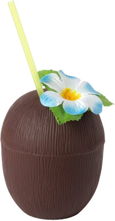 Drinkbeker kokosnoot met rietje 500 ml van Merkloos