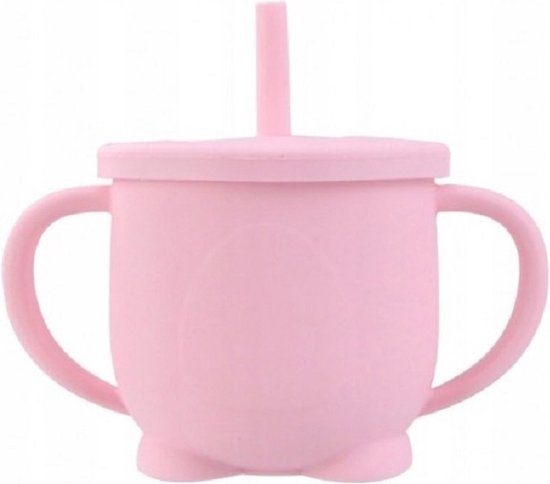 Drinkbeker Met Rietje- Siliconen beker-Baby servies-rose van Merkloos