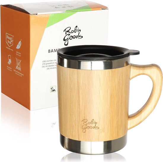 drinkbeker van RVS en bamboe - hoogwaardige beker 300 ml - campingbeker met handvat en deksel - breukvast en BPA-vrij (1 stuk - 300ml) van Bo-Camp