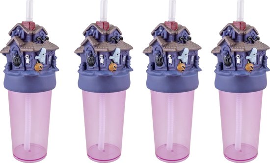 Drinkbekers SPOOKHUIS - 25 cm hoog met draaideksel en rietje - SET van 4 STUKS - Leuk voor halloween van Mikoix