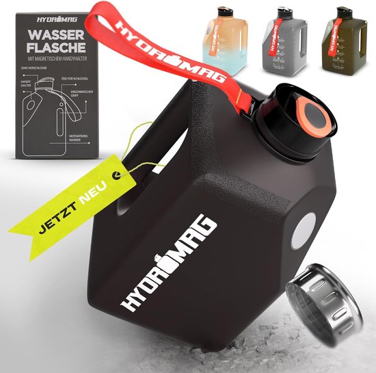 Drinkfles 2,7L met draaglus [Water Bottle 2l] incl. magneet mobiele telefoon houder ideaal voor de gym - 2L drinkfles met telefoonhouder (zwart) van deconnexionshop