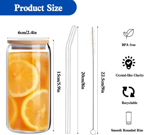 Drinkglazen met bamboe deksels en glazen rietjes, 4 set 16 oz ijskoffiekop, blikvormige glazen bekers, bierglazen, pint-glazen, ideaal voor water, cocktail, whisky, frisdrank, cadeau van AYOTEE