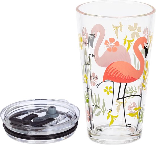 Drinkglazen, set van 4, flamingo-motief, deksel en rietje, 450 ml, glazen bekers voor kinderen, smoothieglas, transparant van JIMBEELS