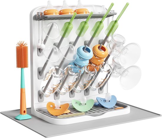 Droogrek Babyflesjes - Flessenrek - Groot Droogrek met Afdruipmat - Flessendroogrek met 15 Haken - Babyflesjes Droogrek - Verticaal Wasrek voor Babyflesjes - Inclusief Afdruipbakje - Fopspeenhouder