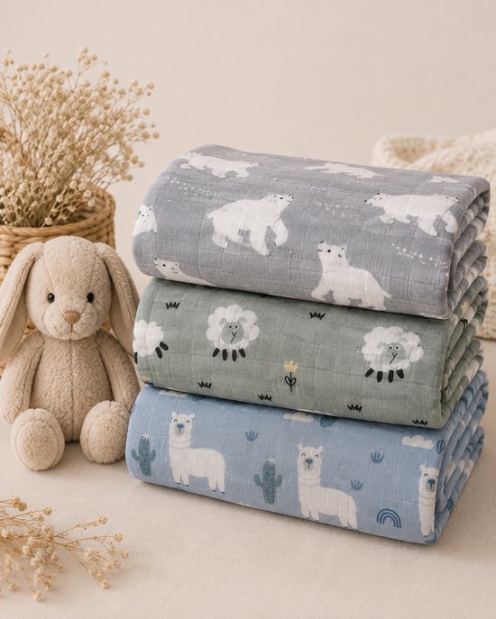 Droomdotje XL Hydrofiele Badhanddoeken Baby - Set van 3 - 110x120 cm - Inbakerdoek - Swaddle - Hydrofiele Doek Groot - Katoen&Bamboe - Mousseline Doek - Multifunctioneel - Zachte Weide
