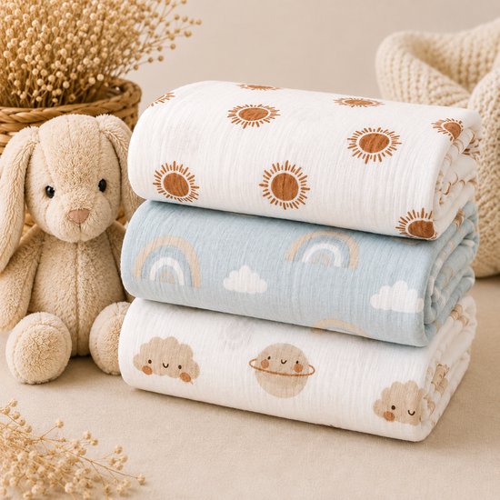 Droomdotje XL Hydrofiele Badhanddoeken Baby - Set van 3 - 110x120 cm - Inbakerdoek - Swaddle - Hydrofiele Doek Groot - Katoen&Bamboe - Mousseline Doek - Multifunctioneel - Zonnestralen