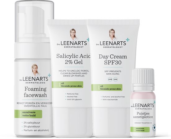 Drs Leenarts Vette-Onzuivere Huid-Set - Reiniger + Salicylzuur 2% Gel + Aanstiplotion + Dagcrème SPF30 van Drs Leenarts
