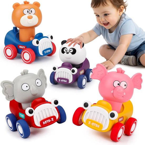Druk en Rijd Speelgoedauto's voor Peuters 1-3 Jaar - Dieren Thema Raceauto's - Baby Speelgoed voor 6 tot 18 Maanden - Leuke Press-and-go Autootjes - Perfect Cadeau voor 1-2 Jarigen - Voor Jongens en Meisjes