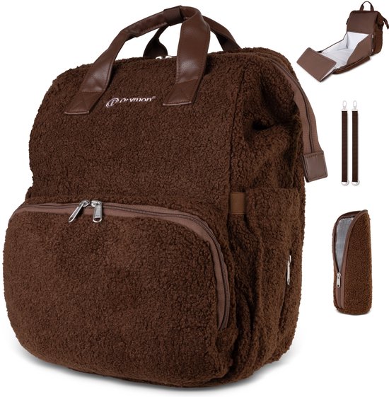 Drymon® Premium Luiertas - Ingebouwd Verschoonbed - Inclusief Flessenwarmer & Kinderwagenhaken t.w.v. €30 euro - 25L - Babycadeau - Verzorgingstas - Waterafstotend - Bruin - Exclusieve Teddy uitvoering van Merkloos