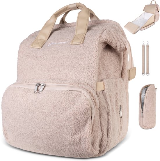Drymon® Premium Luiertas – Ingebouwd Verschoonbed – Inclusief Flessenwarmer & Kinderwagenhaken t.w.v. €30 euro – 25L – Verzorgingstas - Waterafstotend – Beige – Exclusieve Teddy uitvoering van Drymon