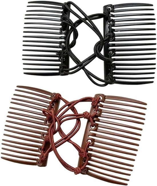 Dubbele Haar Kammen - Verstelbaar - Plastic - Elastische Kammen - Bun Kammen - Haar Clips - Schuif Haar Clips - Krullend Dik Golvend Haar - Haaraccessoires - Geschikt voor Alle Haartypes - Zwart - 2-Pack