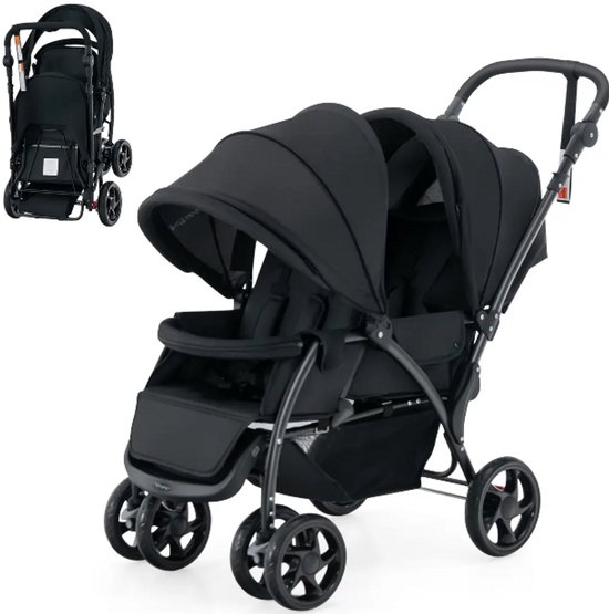 Dubbele Kinderwagen – Tandem Buggy voor 2 Kinderen – Verstelbare Rugleuning & Voetensteun – Opvouwbaar – 5-Puntsgordel – Zwart