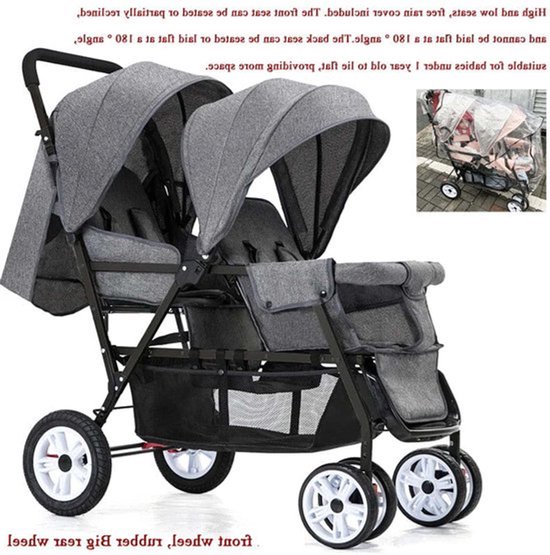 Dubbele Kinderwagen - Tweeling Kinderwagen - Duo Buggy - Duo kinderwagen - 2 Omvormbare Zitjes - en Reiswiegjes - Grijs van Merkloos