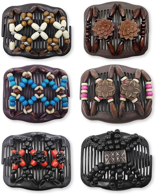 Dubbele Rijen Haarkam Set - 6 Stuks - Houten Kralen - Gebogen Design van Merkloos