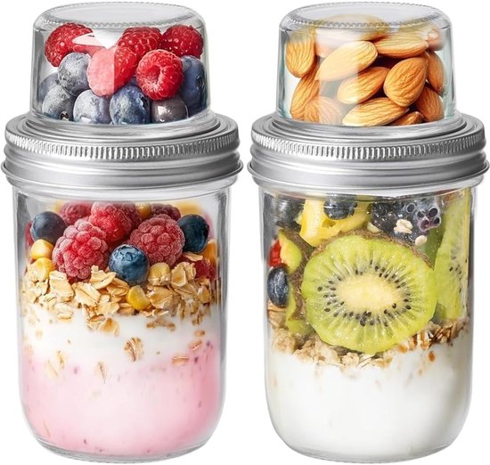 Dubbellaagse havermoutpotten - Set van 2 - 100 ml + 500 ml - Draagbare dubbellaagse yoghurtbekers - Scheiding van droge en natte ingrediënten - Ook geschikt voor chiazaadpudding, ontbijtgranen, noten, fruit, maaltijden en salades - Transparant