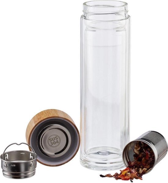 Dubbelwandige Infusiefles - glas/bamboe - 400ml - met RVS Theezeef van Merkloos
