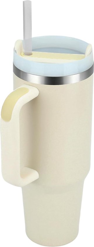Dubbelwandige, roestvrijstalen vacuüm-isolatiebeker met handvat en deksel, koffiebeker, to-go, drinkbeker, beker, rietje, grote tuimelaar, reisbeker, autobeker, thermobeker, beige van Merkloos