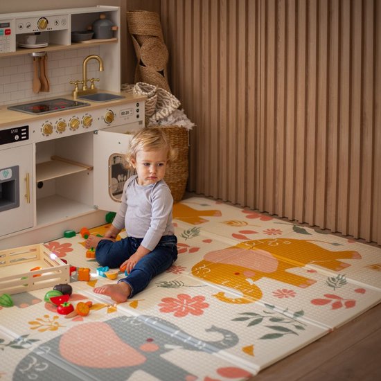 Dubbelzijdig opvouwbare foammat 180 x 120 x 1cm - Exotische olifanten/Effen Grijs van Merkloos