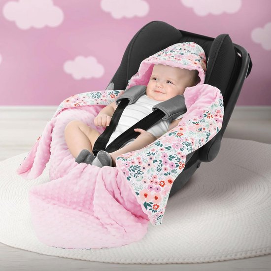 Dubbelzijdige Deken met Kap voor Baby's - Bloemen en Rozen Motief, Universele Pasvorm voor Autostoel en Kinderwagen, 84x84 cm, Knuffeldeken All Season