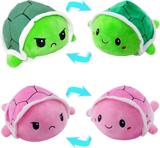 Dubbelzijdige Schildpad Knuffels - Omkeerbare Pluche Dieren - Kinderen Spelen - Twee Gezichten - 15 cm - Roze Groen
