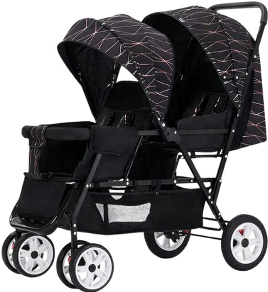 Duo buggy - Tweeling - Twin stroller - Dubbele buggy - Inklapbaar - Kan volledig plat - One-click folding - Zwart van Merkloos
