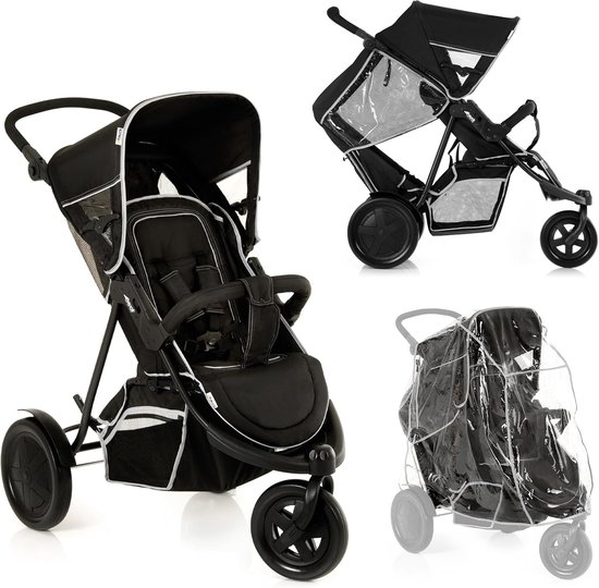 Duo driewieler buggy voor twee kinderen met afneembare zitting en regenhoezen - zwart van Merkloos