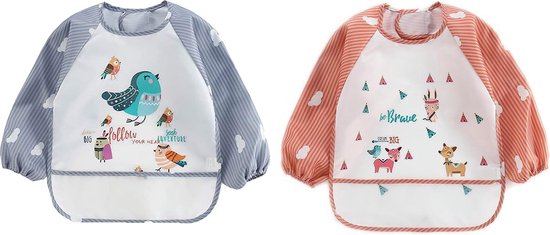 Duo pack - Slabbetje met lange mouwen vogel & hertje met opvangbak baby peuter - kliederschort- verfschort van Dreambaby