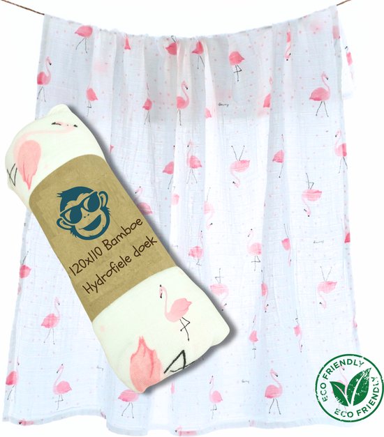 Duopack 2x BoefieBoef Flamingo Wit Grote XL Hydrofiele Doek Baby - Duurzaam Eco Bamboe - Kerst en KraamCadeau - Swaddle, Inbakerdoek, Hydrofiele Luier & Babydeken - Roze Klein van Merkloos