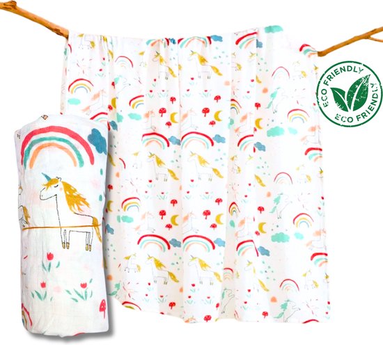 Duopack 2x BoefieBoef Regenboog Eenhoorn Grote XL Hydrofiele Doek Baby - Duurzaam Eco Bamboe - Kerst en KraamCadeau - Swaddle, Inbakerdoek, Hydrofiele Luier & Babydeken - Wit Gekleurd Sprookje