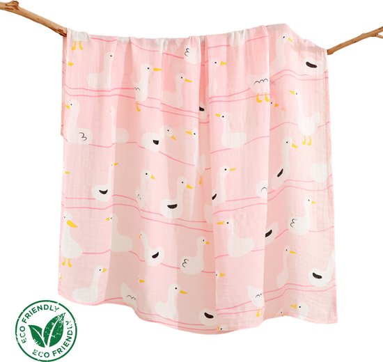 Duopack 2x BoefieBoef Roze Gans Grote XL Hydrofiele Doek Baby - Duurzaam Eco Bamboe - Kerst en KraamCadeau - Swaddle, Inbakerdoek, Hydrofiele Luier & Babydeken - Wit Eend Vogel van BoefieBoef
