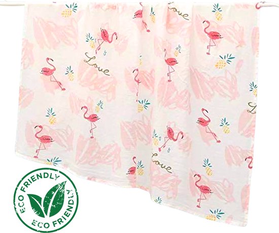Duopack 2x BoefieBoef Tropische Flamingo Grote XL Hydrofiele Doek Baby - Duurzaam Eco Bamboe - Kerst en KraamCadeau - Swaddle, Inbakerdoek, Hydrofiele Luier & Babydeken - Roze Ananas Wit van Merkloos