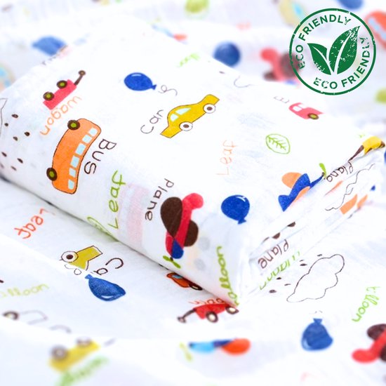 Duopack 2x BoefieBoef Voertuigen Auto Vliegtuig Grote XL Hydrofiele Doek Baby - Duurzaam Eco Bamboe | Swaddle, Inbakerdoek, Hydrofiele Luier & Babydeken - Wit Gekleurd van Merkloos