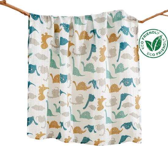Duopack 2x BoefieBoef XL Dinosaurus Grote XL Hydrofiele Doek Baby - Duurzaam Eco Bamboe - Kerst en KraamCadeau - Swaddle, Inbakerdoek, Hydrofiele Luier & Babydeken - Wit Groen Geel Grijs Groot
