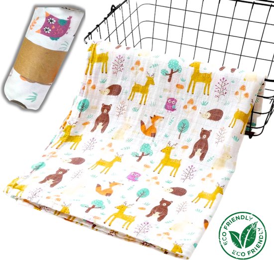 Duopack 2x Bosdieren BoefieBoef hh Grote XL Hydrofiele Doek Baby - Duurzaam Eco Bamboe - Kerst en KraamCadeau - Swaddle, Inbakerdoek, Hydrofiele Luier & Babydeken - Wit Gekleurd Uil Beer Vos van Merkloos
