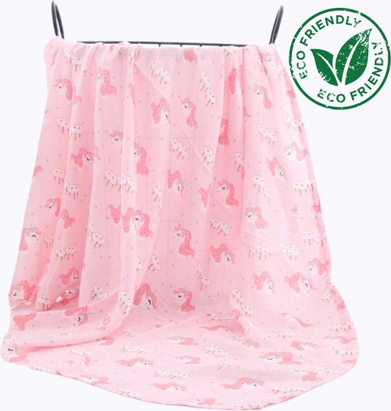 Duopack 2x Roze Eenhoorn Cartoon BoefieBoef hh Grote XL Hydrofiele Doek Baby - Duurzaam Eco Bamboe - Kerst en KraamCadeau - Swaddle, Inbakerdoek, Hydrofiele Luier & Babydeken - Wit
