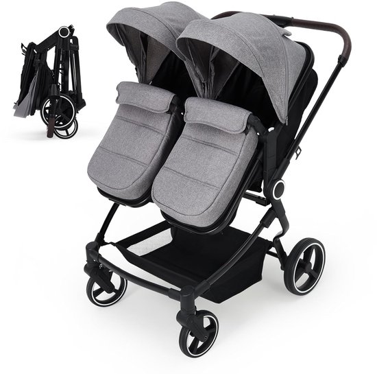 Duowagen - Tweelingkinderwagen - Geschikt vanaf Geboorte tot 3 Jaar - Compact Opvouwbaar - Verstelbare Zittingen - Lichtgewicht Aluminium - Grijs