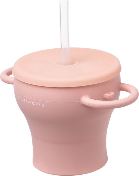 Duradis - 2 in 1 Opvouwbare drink en snackbeker voor kinderen - Tuitbeker - Snack cup - Baby Pink van Duradis