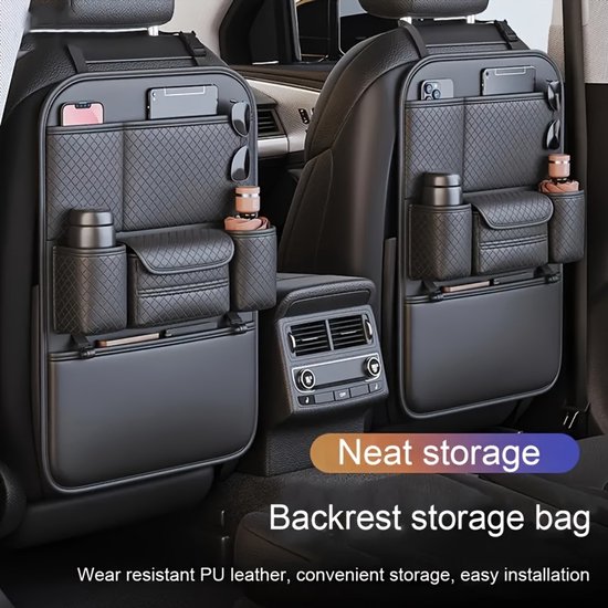 Dutchers® 2x Premium PU Leren Autostoel Organizer - Auto Organizer - Accessoires - Bekerhouder - Drankhouder - Telefoonhouder - Tablethouder van Merkloos