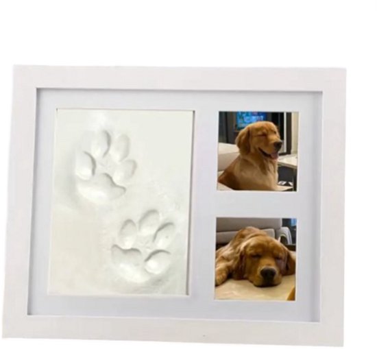 Dutchers.® Fotolijst met gipsafdruk - * - Klei - Voor Pootafdruk Hond of Kat - Gipsafdruk - Fotolijst Huisdier - Pootafdruk Set - 3D Fotolijst - Voor Dierbare Herinneringen - 23x28CM - Wit van Dutchers.®