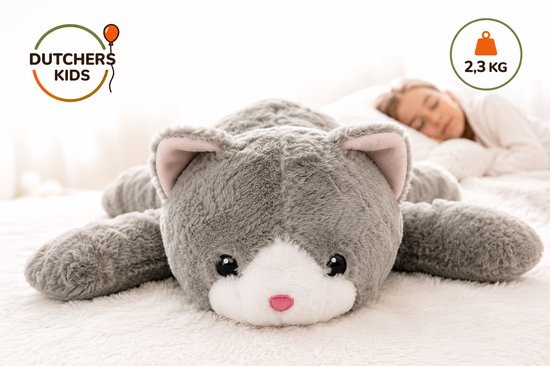 Dutchers® Verzwaringsknuffel Kat 2,3 kg – Verzwaarde Knuffel - Zware Knuffelkat - Grote Weighted Knuffel 65x70 cm – Zachte Pluche Kat – Comfort, Rust & Geborgenheid – Cadeau voor Kinderen & Volwassenen