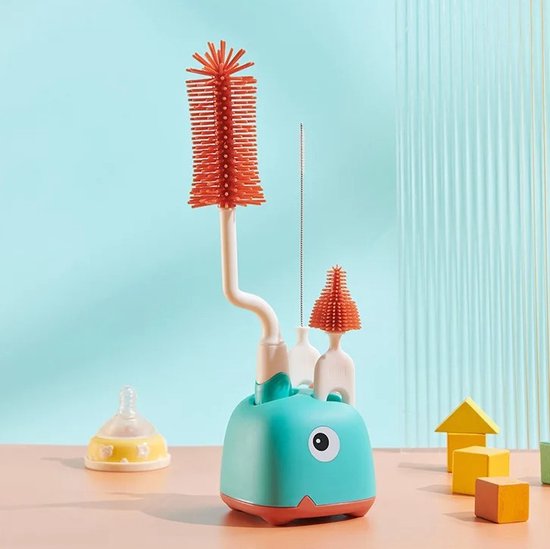 DutchStorks - Flessenborstel Set - 4-delig - Babyfles Schoonmaakborstel met houder - Droogrek- Speen borstel - Roterend - Riet Borstel - Complete Reinigingsset - Kraamcadeau van DutchStorks