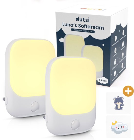 Dutsi - Kinder Nachtlampje - Softdream Luna - Met Automatische Lichtsensor & Stickers voor Babykamer - 2-Pack van Dutsi