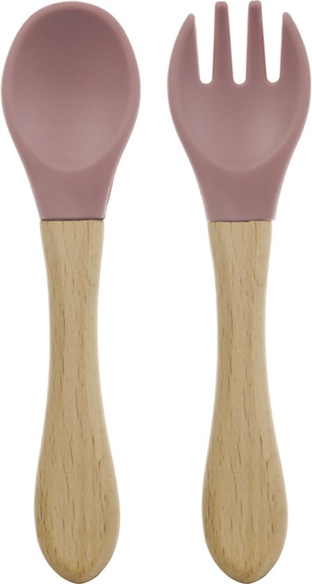 Dutsi - Luxe Baby Training Bestekset met Hout & Siliconen - Zachtroze van Dutsi