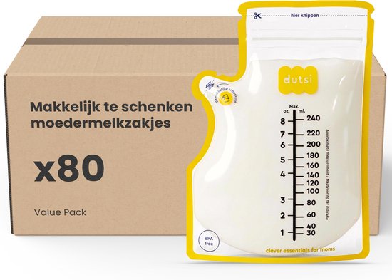 Dutsi - Moedermelk Bewaarzakjes - 240 ml - 80 stuks – Lekvrije borstvoeding zakjes met dubbele sluiting – BPA-vrij en steriel – Groot schrijfvlak en handige schenktuit - Recyclebaar van Merkloos