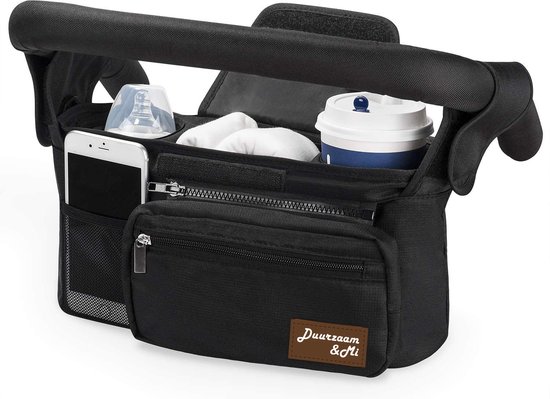 Duuzaam&Mi - Buggy Kinderwagen organizer - zwart - universeel - Buggy tas Organizer - Wandelwag- met geïsoleerde bekerhouder- duwstangen - kinderwagen tas - babyaccessoires - Opbergtassen - schouderriem - opbergruimte voor luiers - van Duuzaam&Mi