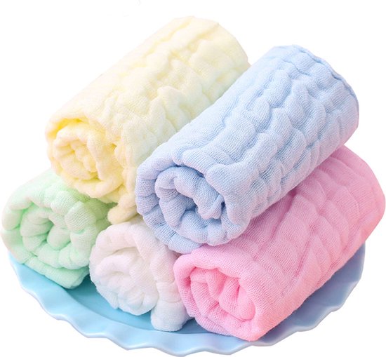 DW4Trading Baby Mousseline Washandjes - Vierkant 30x30 cm - Katoen - Set van 5 - Geel, Wit, Groen, Blauw, Roze van DW