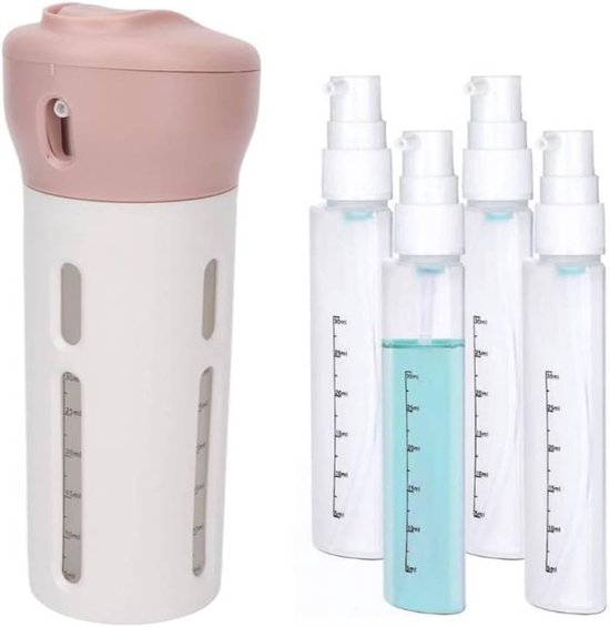 E-Ambar - Hervulbare Reisflessen 4-in-1 Reisdispenser Draagbare Container met Sticker Roze - Parfum Shampoo Conditioner - Lekvrij